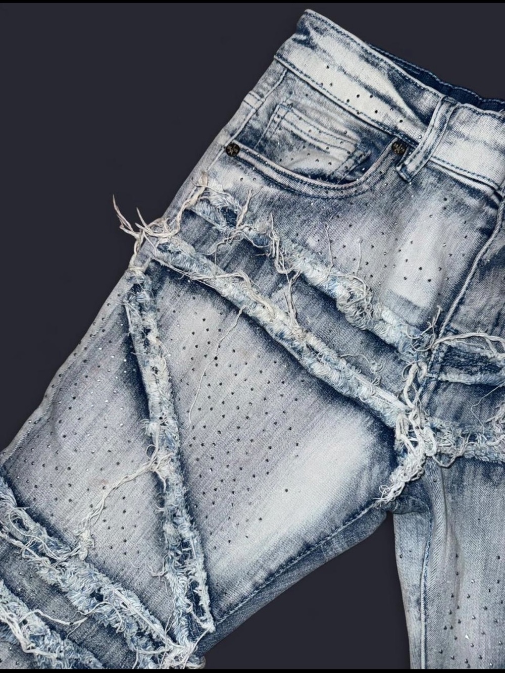 Light Wash Distressed Rhinestone Jeans - Picture 3 of 5
